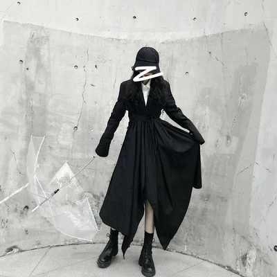 Черное женское длинное асимметричное платье с галстуком длинным рукавом в стиле