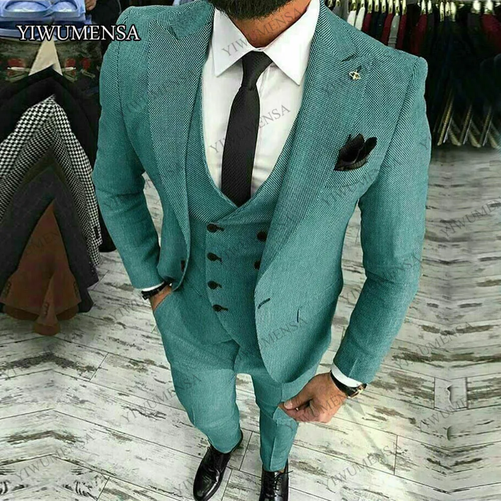 

YIWUMENSA Green Men Suit 3 Pcs Wedding Groomsmen Tuxedo Peak Lapel Blazer Coat Custom Made Formal Terno Smoking Gowns 2021