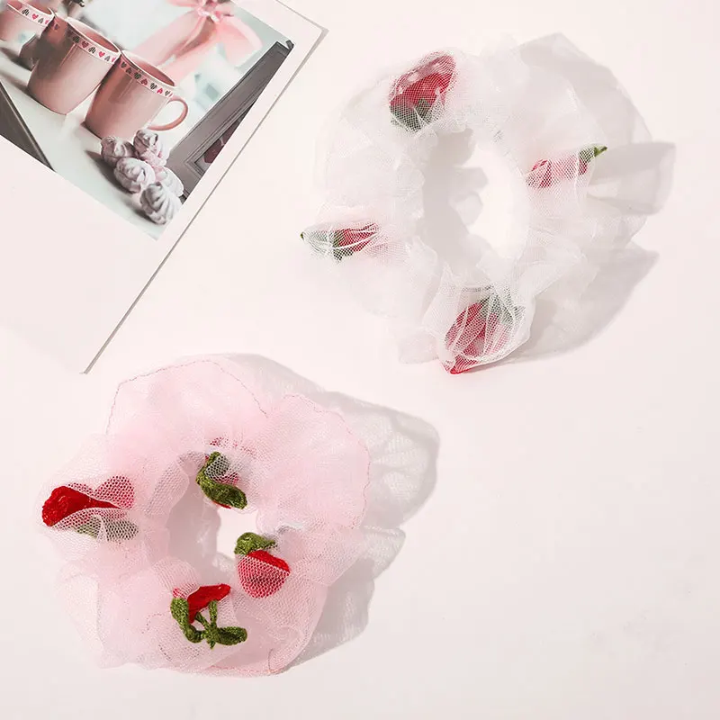 

New Cute Elastic Hair Rubber Band Handmade Embroidery Hair Ring Cherry Strawberry Organza Hair Rope Gauze Fruit Print Scrunchie