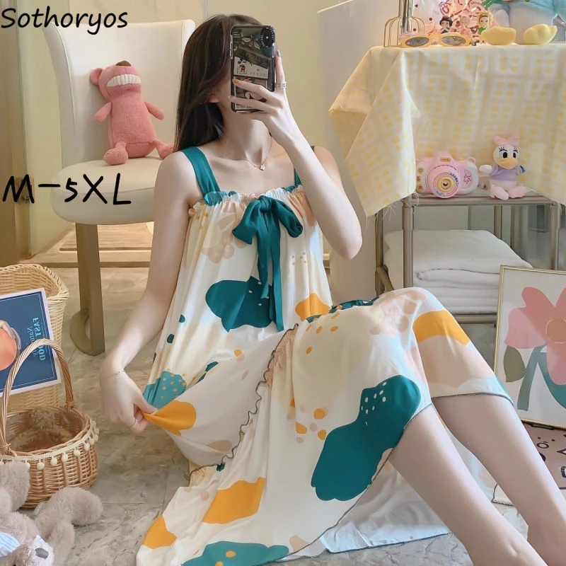 

Women Sleepshirts Large Size 5XL Bow Slash Neck Printed Sleeveless Summer Homewear Female Nightgowns Fresh Sweet Spaghetti Strap