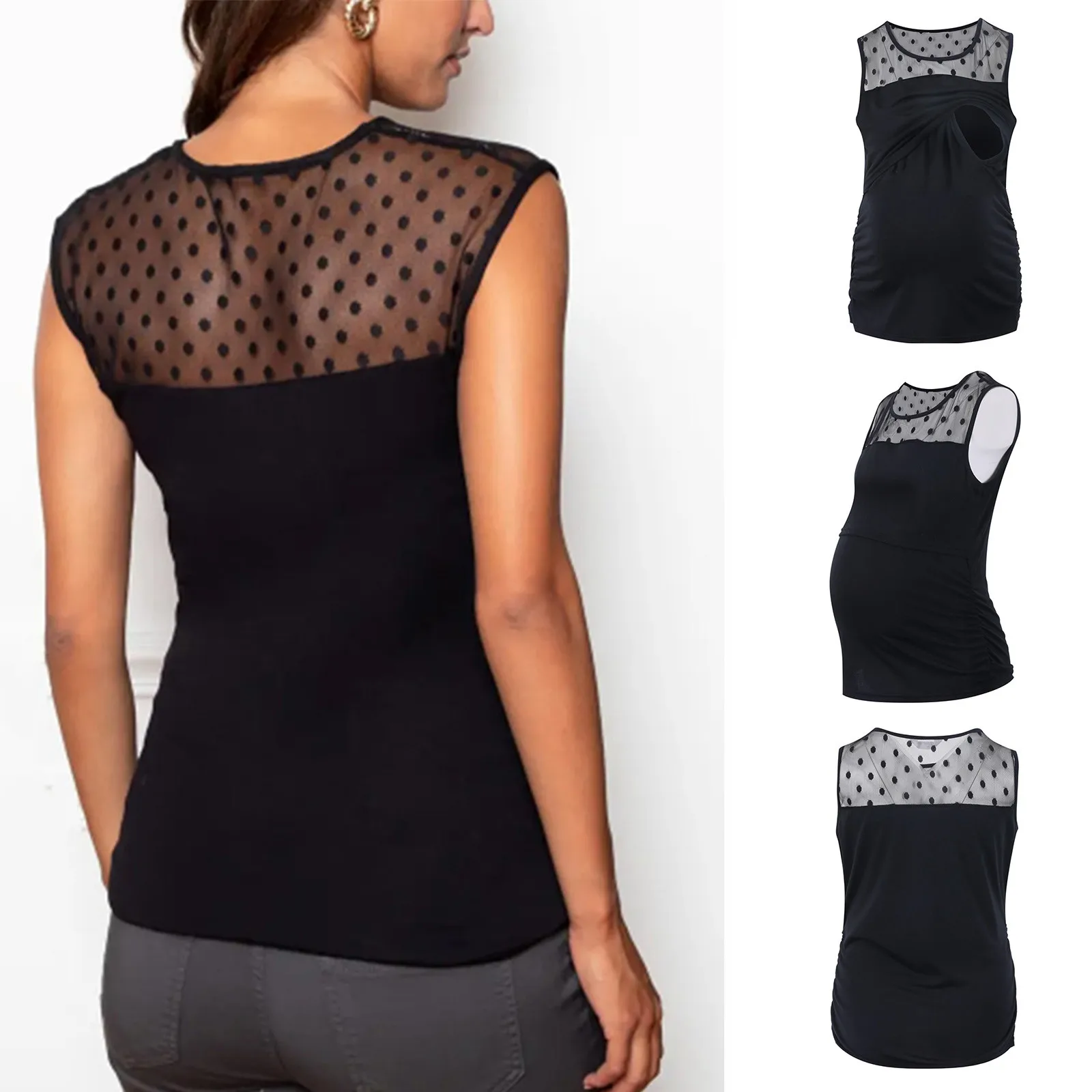 

Maternity Clothes Sleeveless Polka Dot Solid Breasting T-Shirt Summer Wrap Double Layer Nursing Tank Tops For Pregnant Women