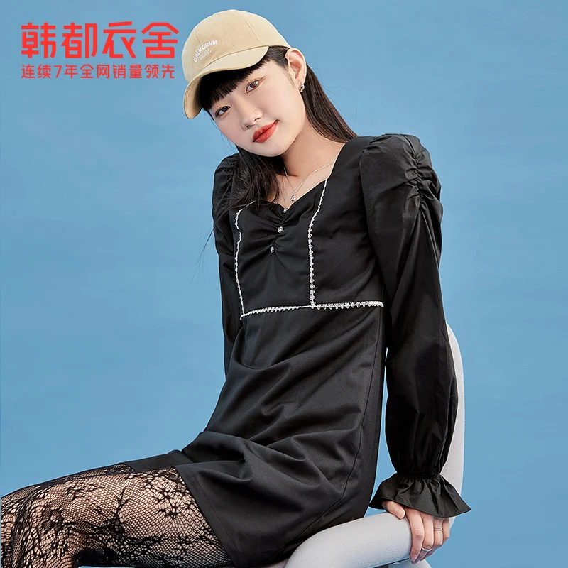 

Handu Clothing House A- line Short Dress for Women 2021 Spring New Puff Sleeve Long Sleeve Black Dress Rj6237