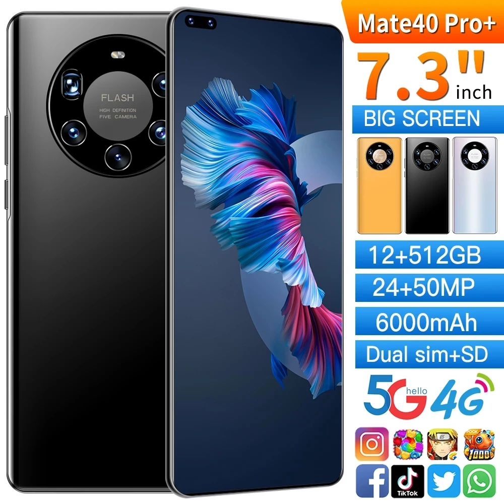 

Well Mate40 Pro Smartphone, Global Version, 7.3 Inch, 12 + 512GB, 6000mAh, Full Screen, Deca Core, LTE, 5G, Dual SIM Network