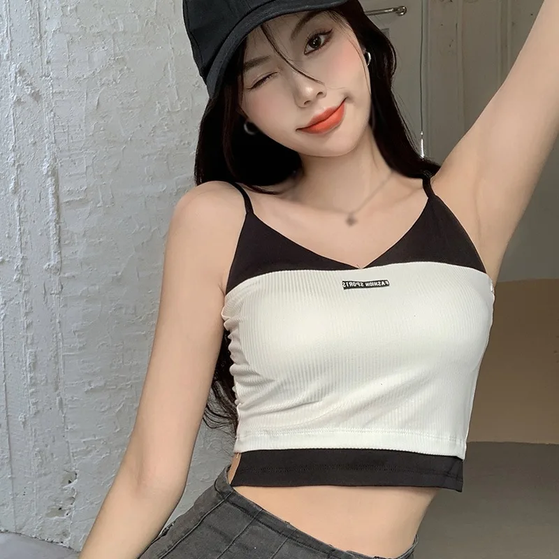 

Jlong Women Sexy V Neck Color Matching Tank Tops New Summrt Slim Sexy Exposed Navel Camisole Vests for Ladies