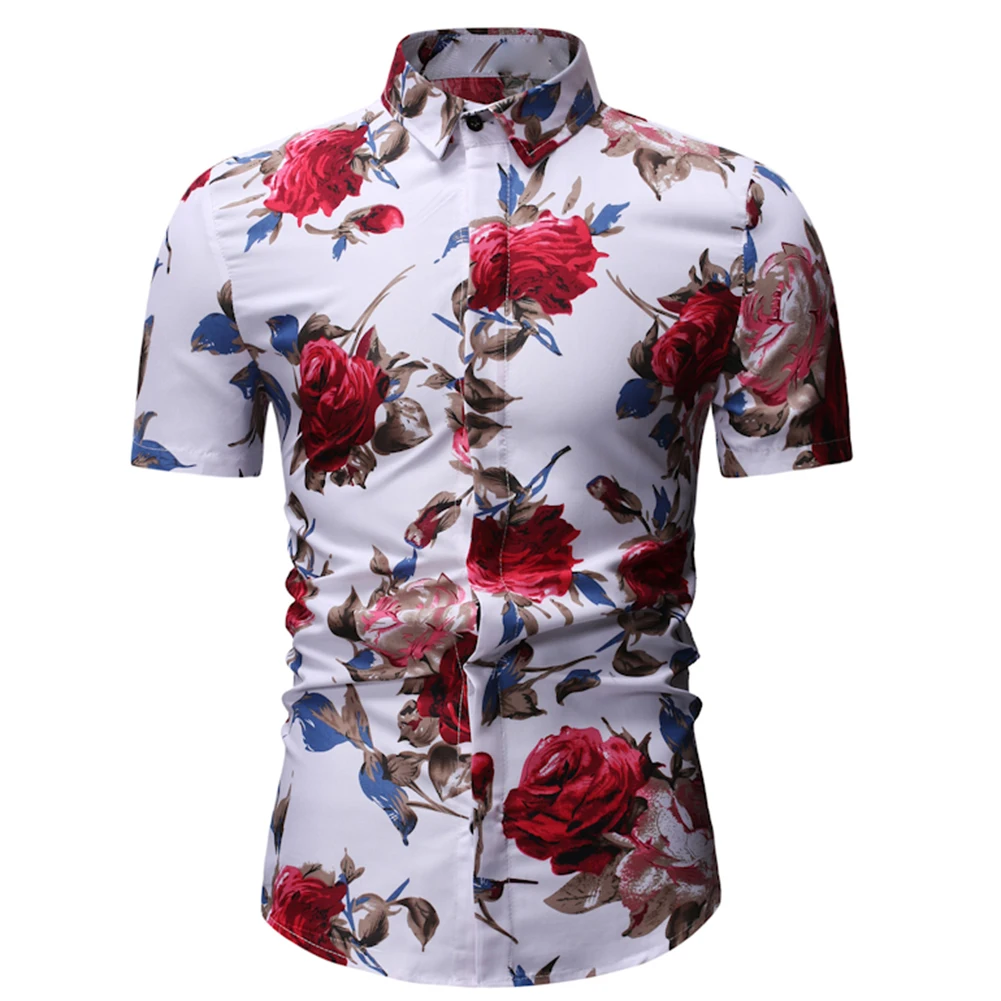 Модная мужская рубашка с коротким рукавом цветочным принтом и отложным
