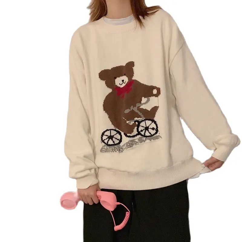 

2021 New Spring Woman Sweaters Harajuku Fashion Printed Japanese Cartoon Bear Oversize Loose Pullover Long Sleeve Sweater