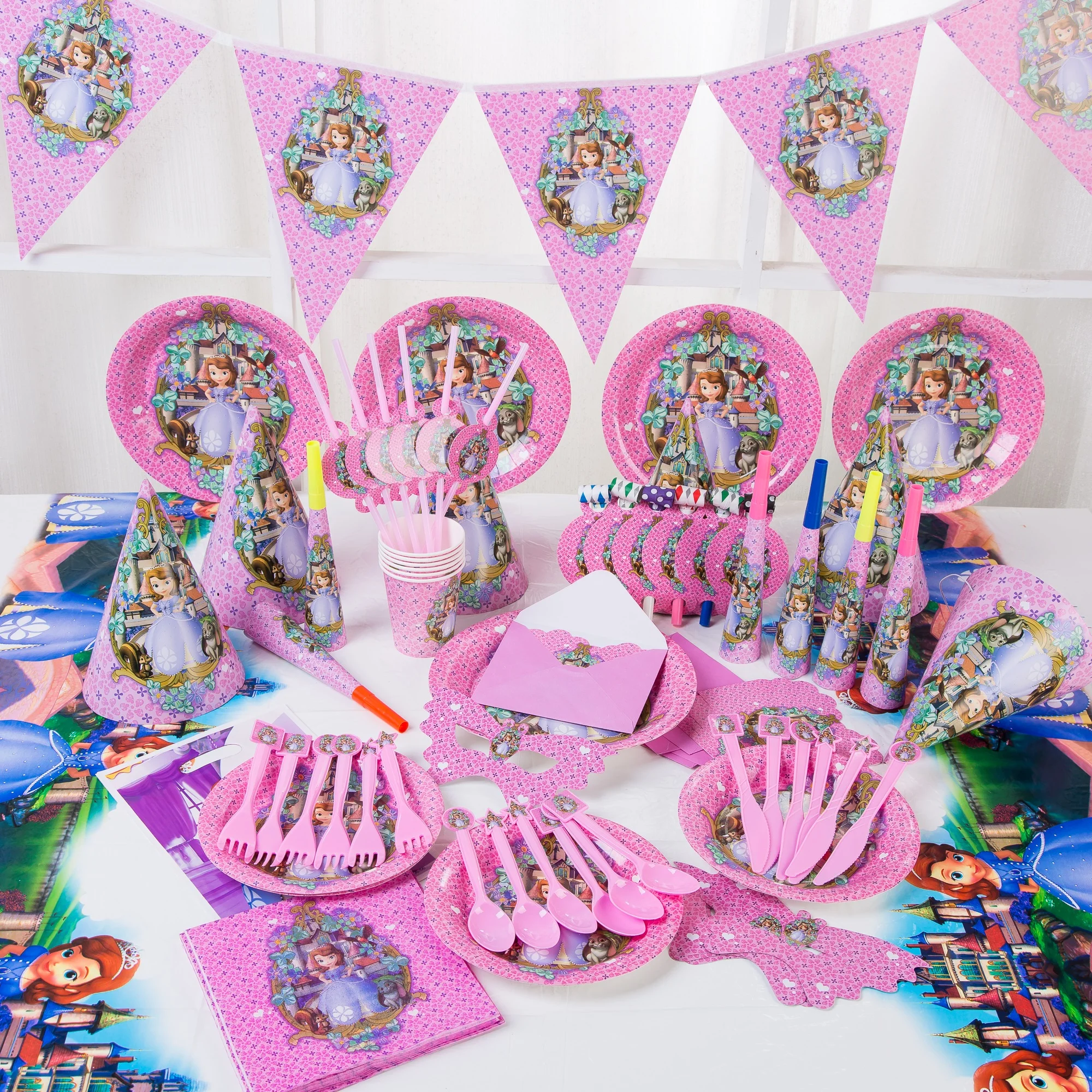 

Decoration for disney princesses birthday parties, set with glasses, plates and trays, hat baby shower birthday party decoration