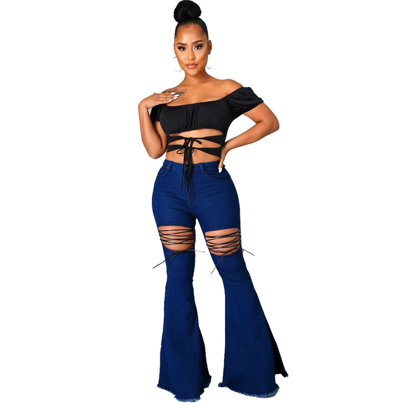 

New 2021 Fall Fashion Bandage Jeans Women's High Waist Ripped Street Flare Pants Denim Trousers Ladies Cowboy Boots Cut Pants