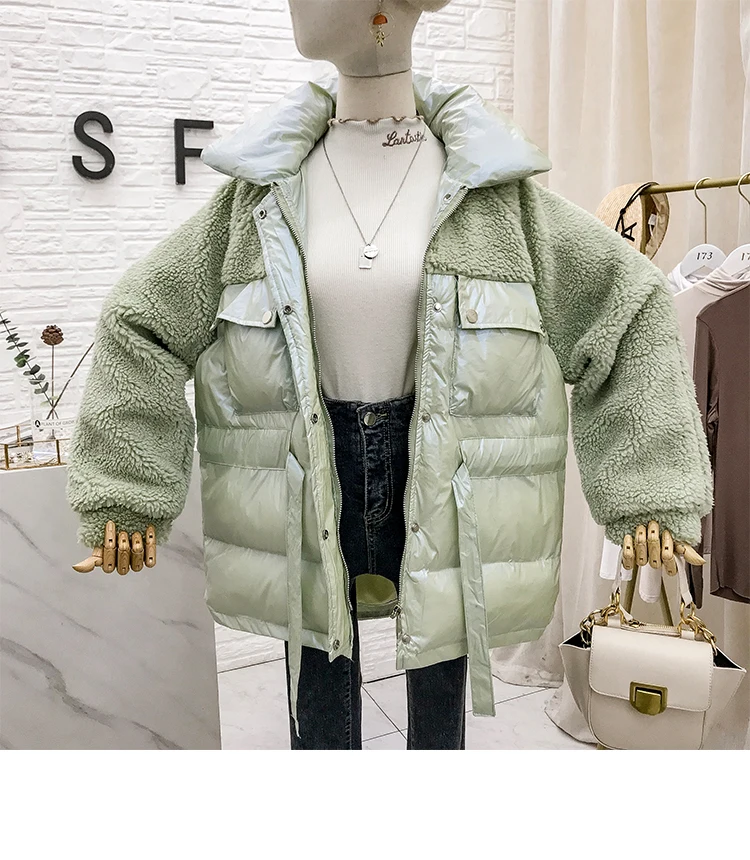Mooirue Winter Casual Parkas Sherpa Fleece Patchwork Drawstring Lace Up Vintage Coats Harajuku Jackets Female white Coats