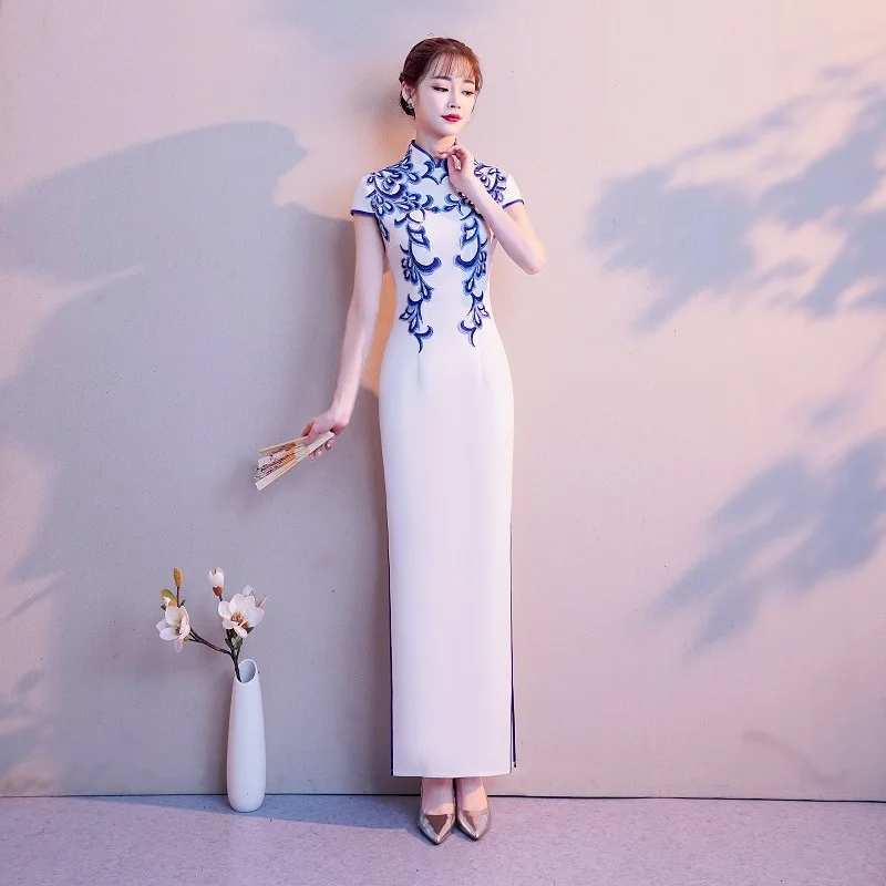 Белое Женское длинное Ципао китайское стильное платье с коротким рукавом Qipao