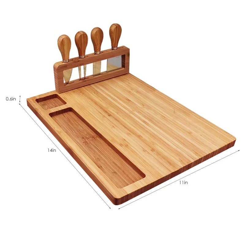 

Bamboo Cheese Board Cutlery Wood Charcuterie Platter Serving Meat Board Slide-Out Drawer with 4 Knife Bamboo Cutting Board