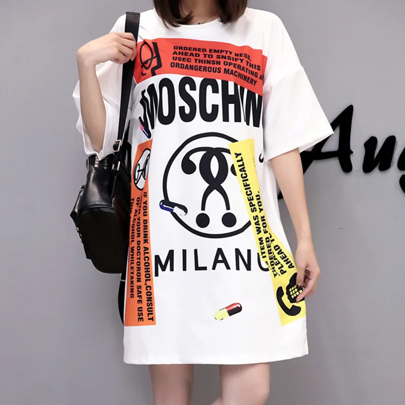 

2021 Spring and Summer New European and American Style Letter Printing Loose Ice Silk Dress Medium Long Sleeve Women's T-shirt