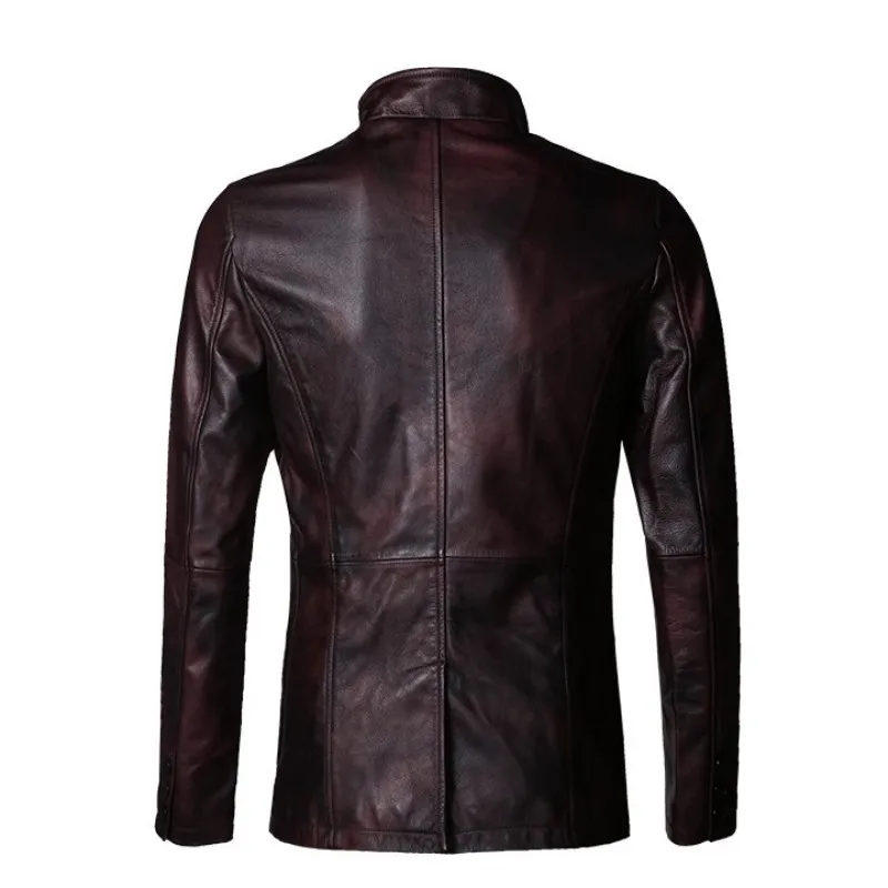 

Spring New Mens Vintage Double Breasted Blazer Jacket Slim Fit Business Man Work Genuine Leather Jacket Luxury Suit Outwear Coat