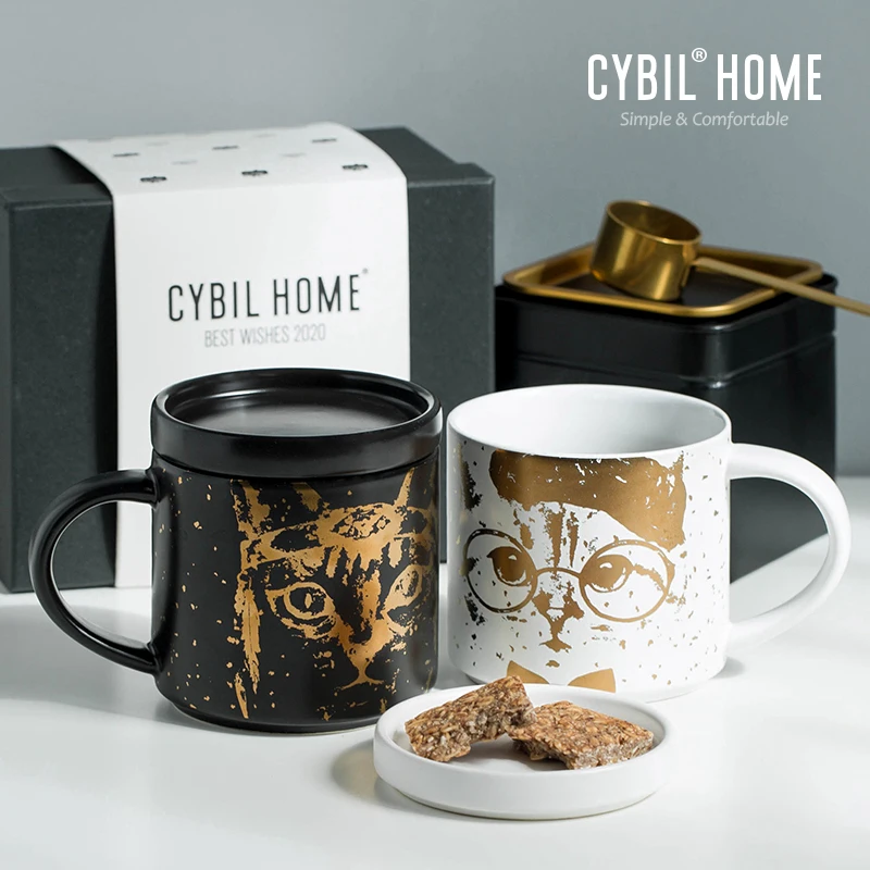 Кофейная кружка с изображениями животных пара ложка в коробке кошка керамика