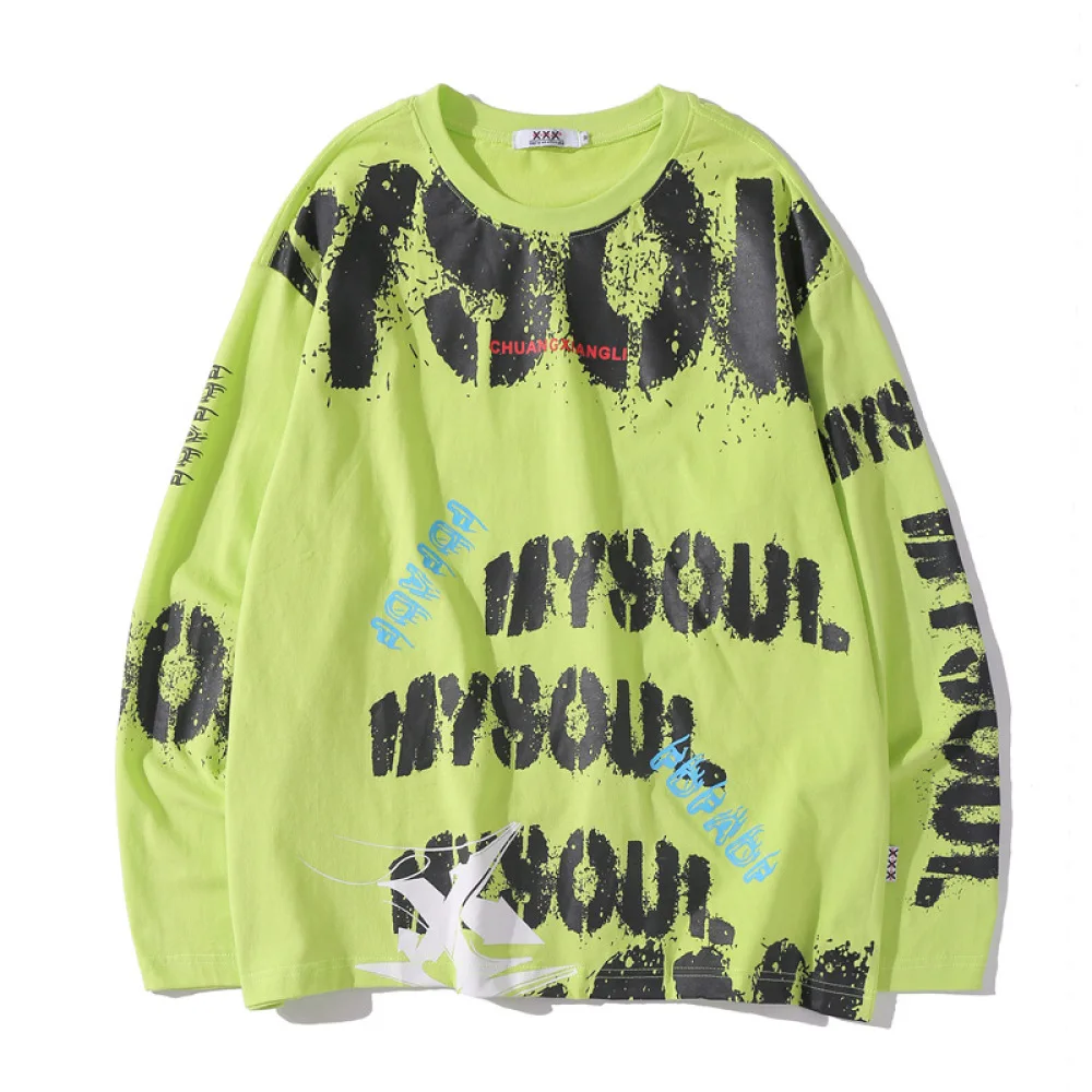 

2020 Brand Hip Hop Men Fashion T Shirts Fluorescent Green Letter Graffiti Long Sleeve Tee Shirts High Street Hipster Streetwear
