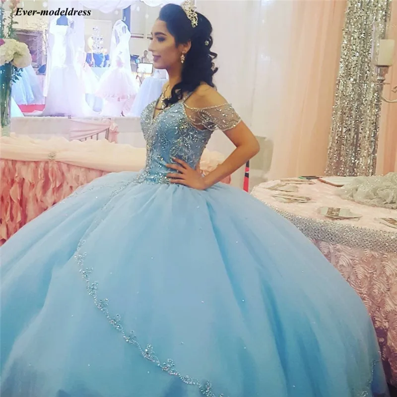 Светильник голубое Пышное 2020 платье для Quinceanera бальное с рукавами спагетти