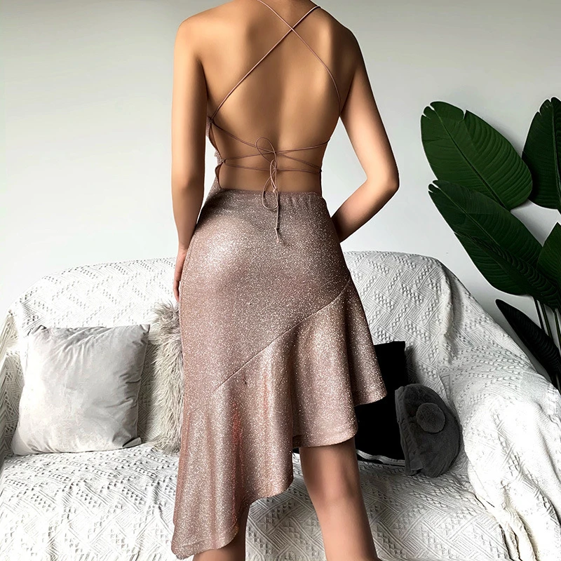 

RICORIT Sexy Bodycon Party Dresses Women Backless Ruffles Hem Spaghetti Strap Clubwear Shining Mini Dress Sleeveless Mini Dress