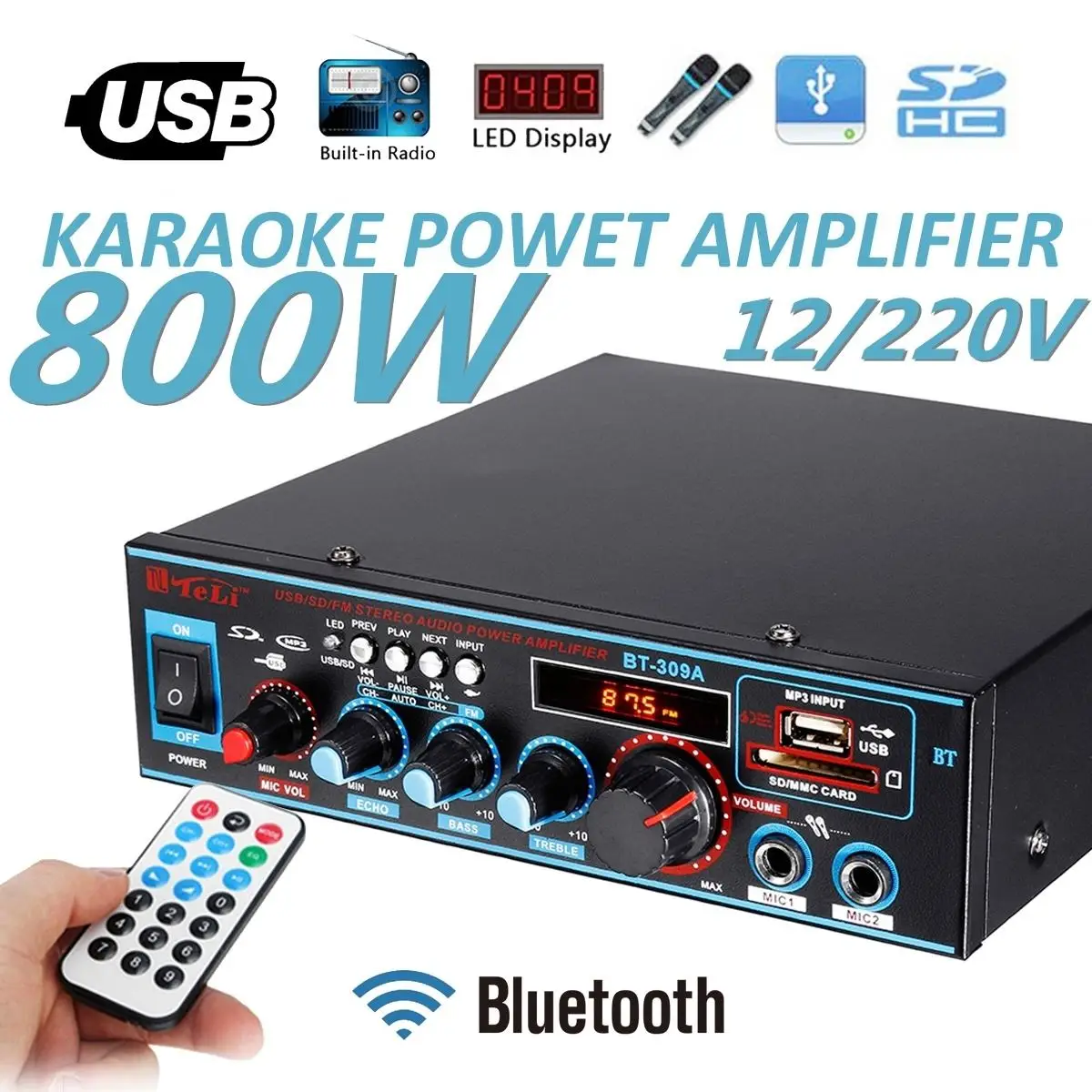 800 Вт аудио усилитель мощности bluetooth HiFi стерео Hi Fi fm радио домашний кинотеатр