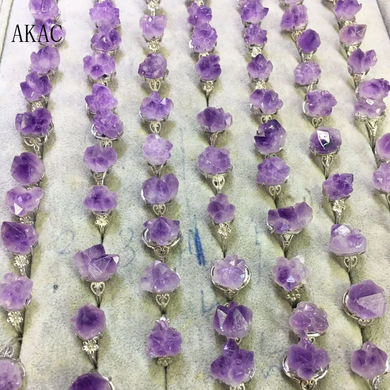 

50rings AKAC natural amethyst quartz irregular white copper adjustable ring for women factory wholesale