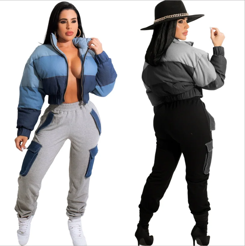 

INS Newest Fashion Women Cotton Coats Denim Patchwork Stand Neck Full Sleeves Zipper Short Bread Coat Short Jacket Winter Wear