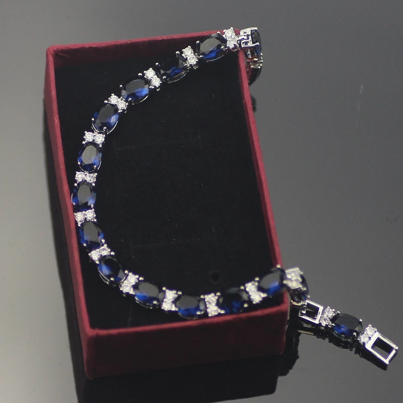 Classic Blue Cubic Zirconia Sterling Silver Bracelets For Women 7+1Inch Free Jewelry Box | Украшения и аксессуары