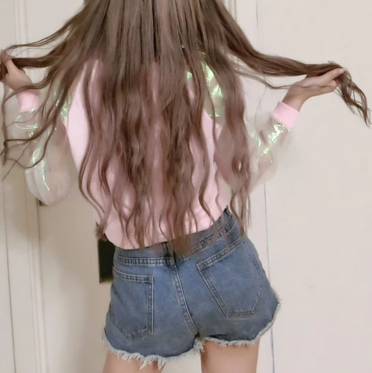 Merry Pretty Harajuku/женская футболка в японском стиле с буквенным принтом, лазерная прозрачная футболка с длинным рукавом в стиле пэчворк, укороченные топы для девушек, Розовый Топ