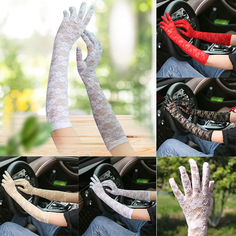 

Sexy Lace Gloves for Women Summer Sunscreen Black White Transparent Driving Gloves Anti-UV Elastic Long Opera Gloves