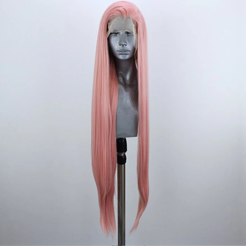 

WEBSTERWIGS WIGS Long Pink Natural Straight Wig Heat Resistant Fiber Hair Half Hand Tied Synthetic Lace Front Wigs for Women