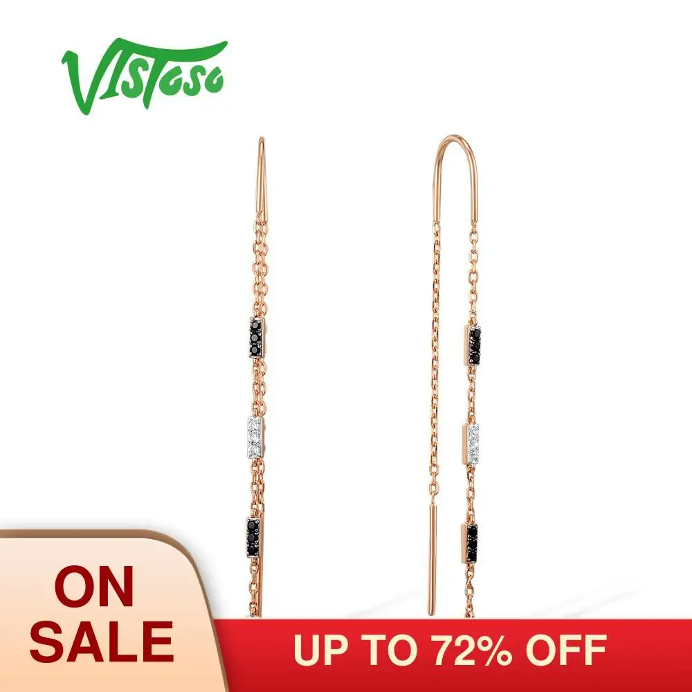 

VISTOSO 10K Rose Gold White Topaz & Black Spinel Stylish Dangling Earrings For Women Engagement Anniversary Classic Fine Jewelry
