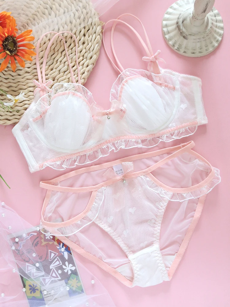 White Lolita Love Mesh Sweet Cute Bow Push Up Underwire Soft Girl Intimates Set Sexy Women's Lace Bra & Panties Underwear Set