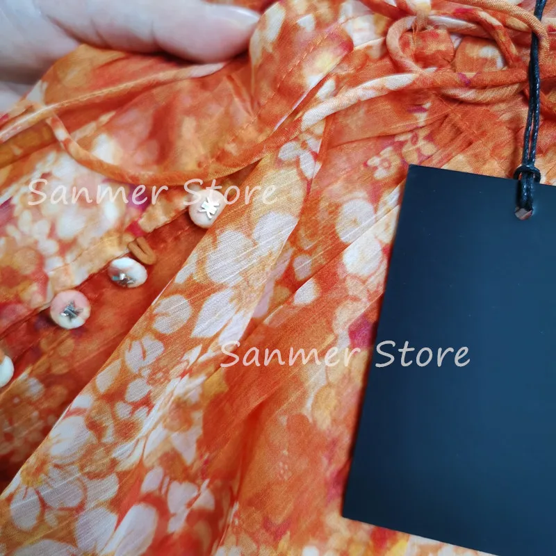 

2021 Spring New Lantern Sleeve Floral Print Women Mini Dress Frill Trim Waist Slim Pleated Ruffles Female Short Dresses Buttons