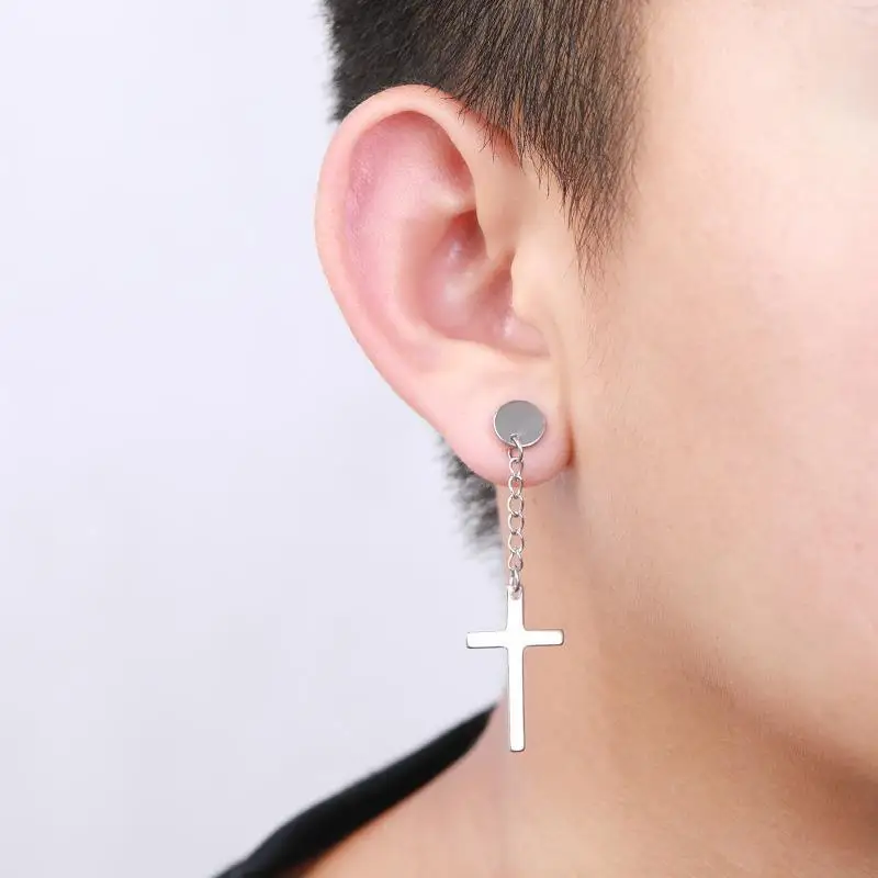 

1 Piece Punk Gothic Stainless Steel Stud Earring Cross Round Fake Ear Taper Dumbbell Fashion Women Men Rock Jewelry Fashion