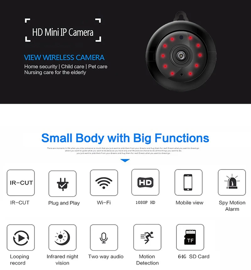 MINI IP Camera Wireless Small CCTV WIFI 1080P Home Security Infrared Night Vision Motion Detection SD Card Slot Audio APP V380 |