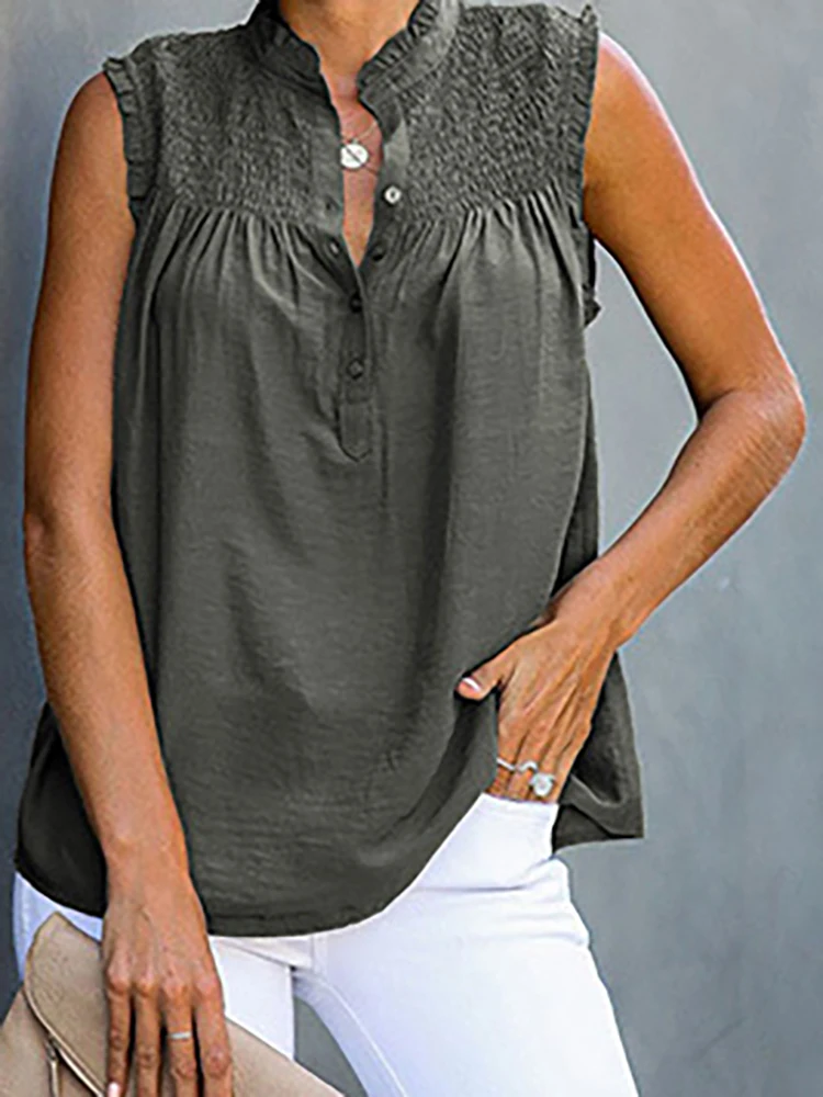 

Casual Streetwear Patchwork Button Slim Blouse Women Loose Sleeveless V Neck Solid Tops Femme Summer Off Shoulder Cool Pullovers