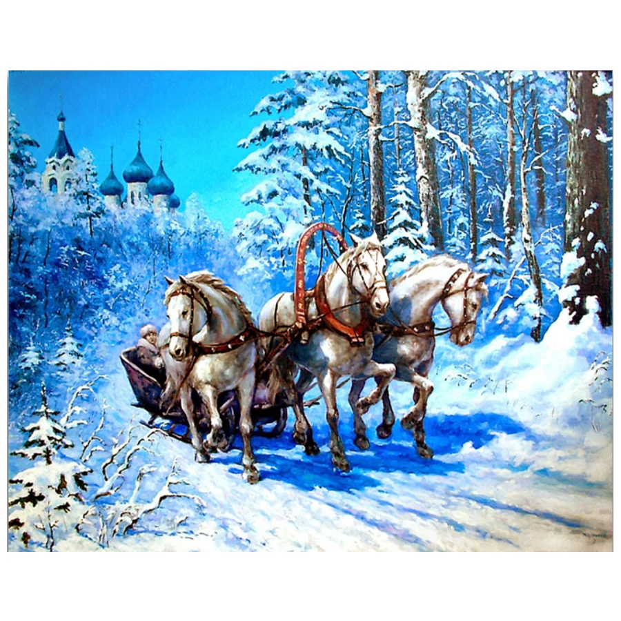 

Алмазная живопись «Три лошади в снежном поле», 5D мозаика с полным заполнением, алмазная вышивка, стразы, ручная работа, домашний декор, пазл