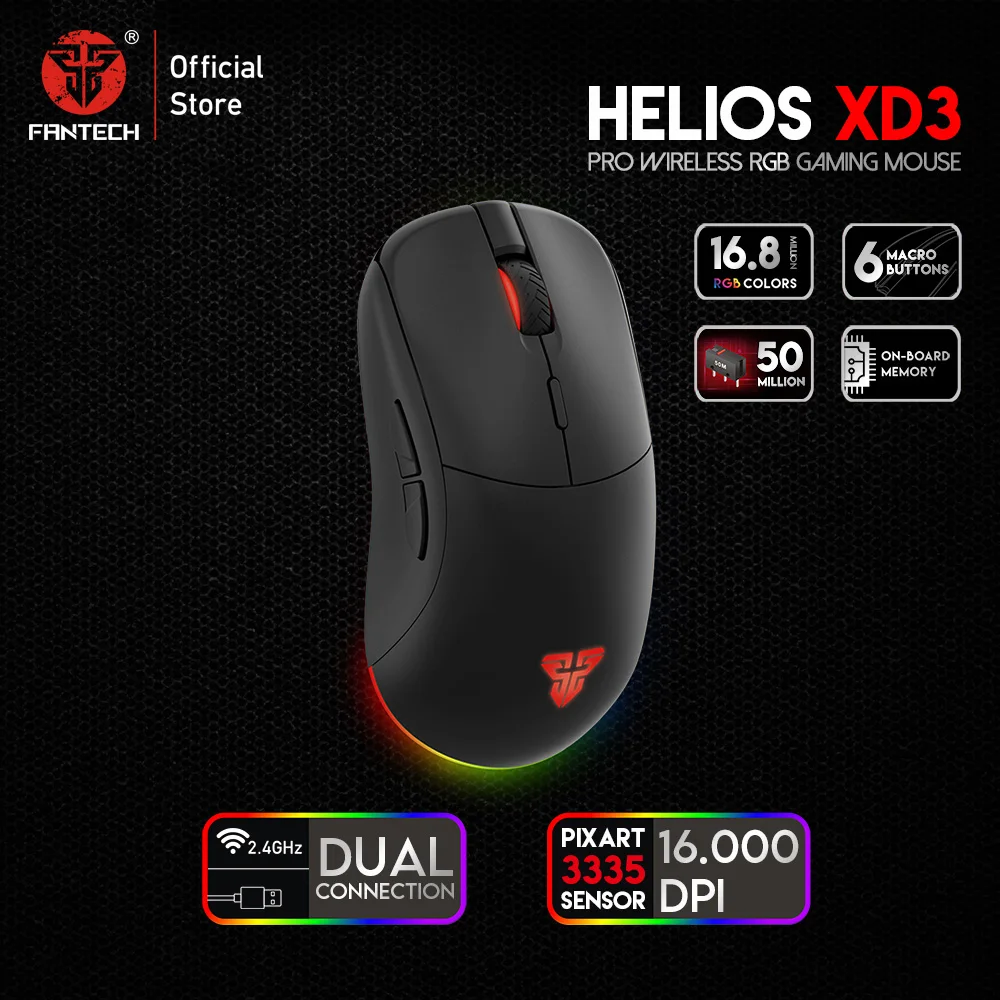 Беспроводная игровая мышь FANTECH XD3 PIXART 3335 16000DPI 2 4G RGB с 6 макрокнопками 50 миллионов