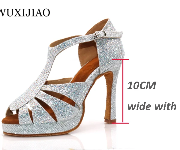 wide with heel 10cm WUXIJIAO/Новинка; женская серебряная танцевальная обувь со стразами; обувь для сальсы; Обувь для бальных танцев; широкий каблук 10 см - Цвет: wide with heel 10cm