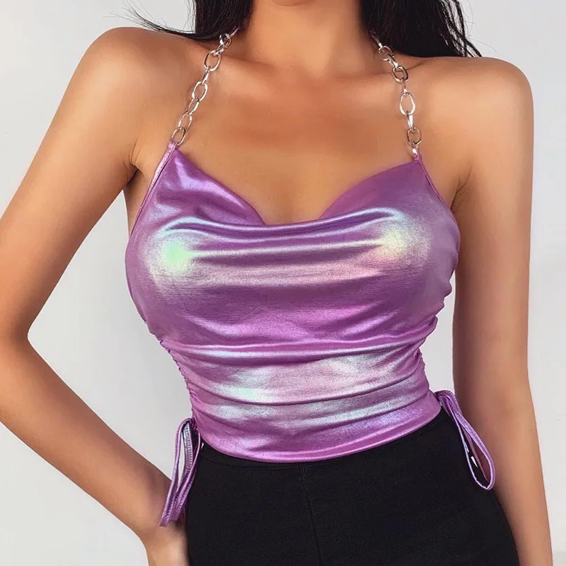 Colorful Laser Reflective Tank Top With Chain Sexy Halter Vest Summer Sleeveless Tanks Draped Slim Fitted Gothic Tops mujer