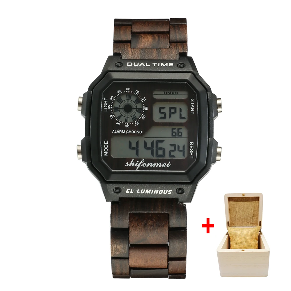 black with box Shifenmei деревянные часы мужские часы лучший бренд класса люкс светодиодный цифровые Мужские часы мужские спортивные военные деревянные наручные часы erkek kol saati - Цвет: black with box