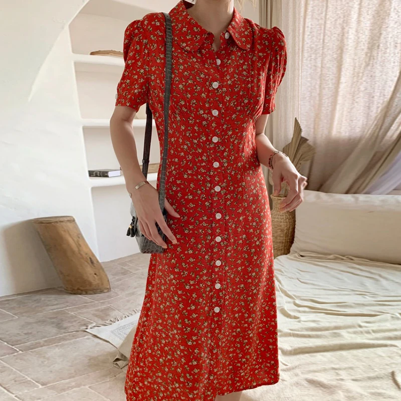 

Kimotimo Summer Floral Dress Women Korean Chic Fashion Peter Pan Collar Single Breasted Loose Empire Puff Sleeve Long Dress