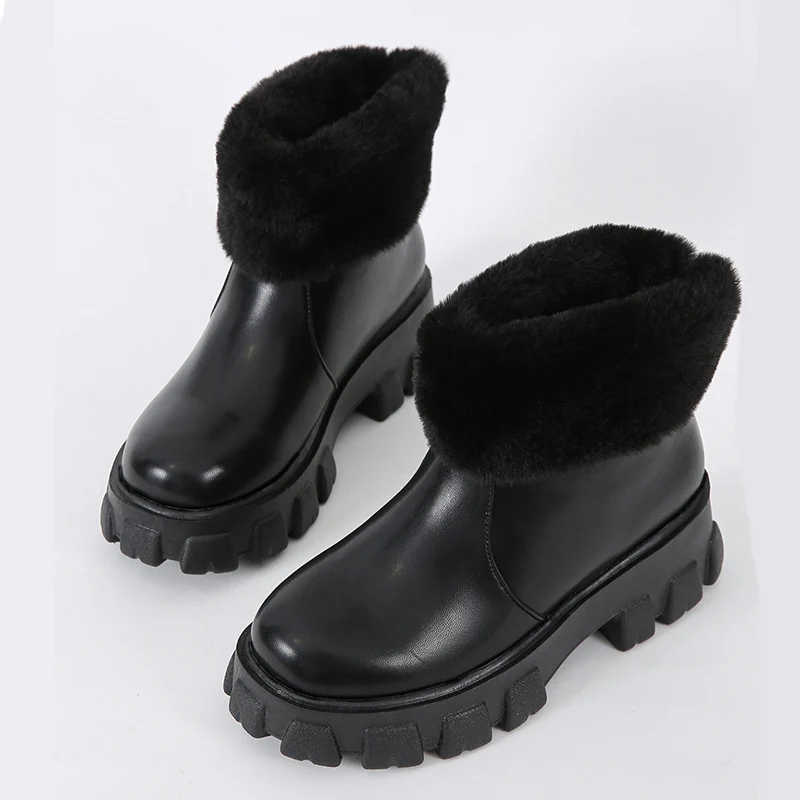 

Rimocy Winter Fluffy Fur Platform Snow Boots for Women Thick Plush Warm Ankle Boots Woman Pu Leather Square Heel Booties Mujer