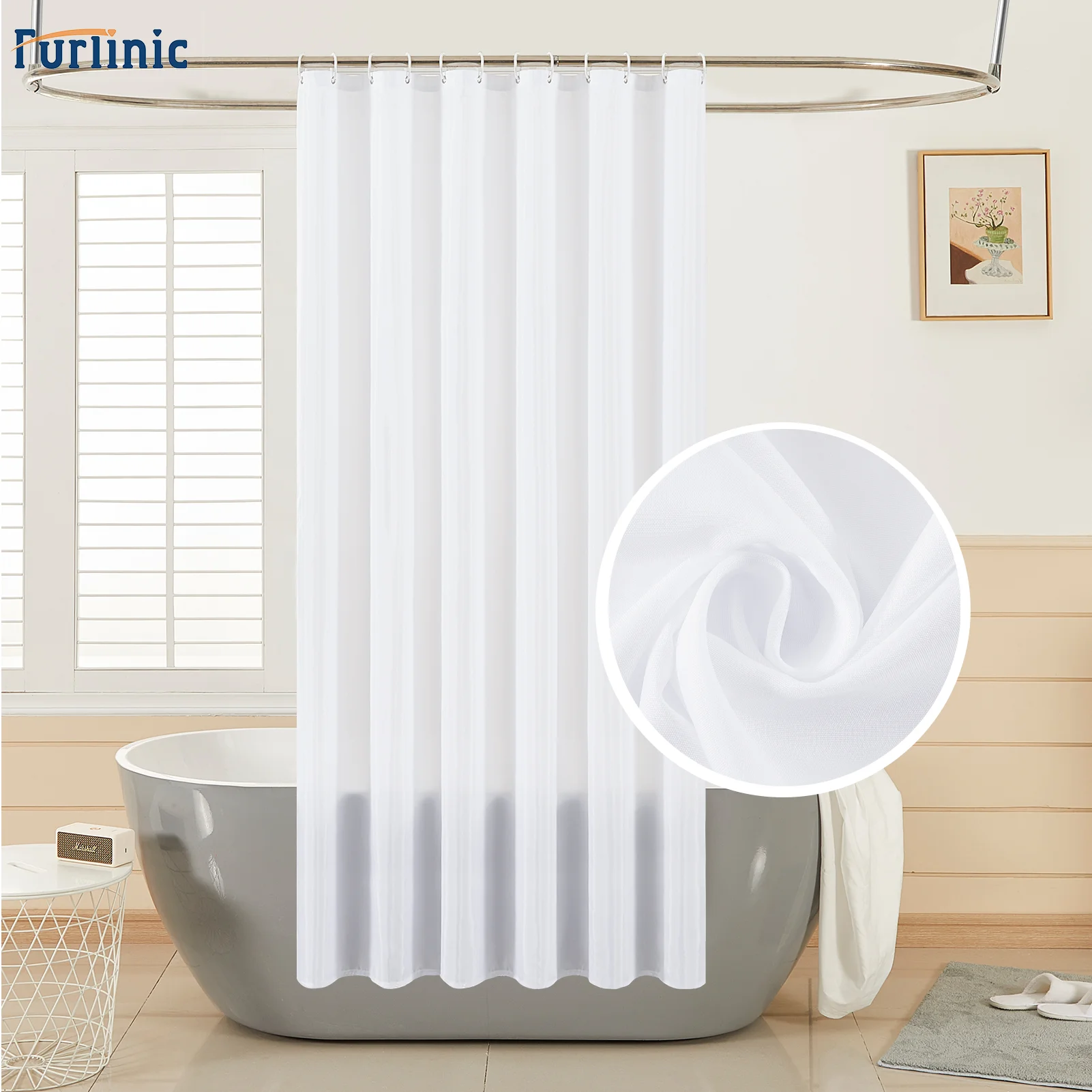 Furlinic Shower Curtain White Shower Curtains Made by Waterproof Fabric and Stainless Steel Holes with Plastic Hooks Set.