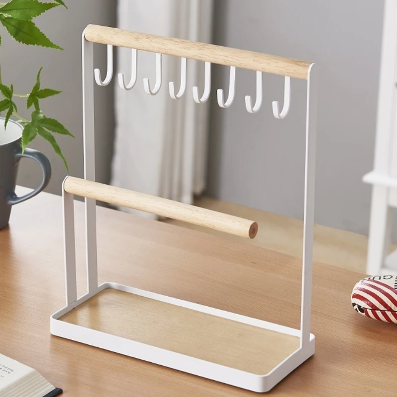 

Jewelry Display Stand Holder with Wooden Ring Tray and Hooks Storage Necklaces Bracelets Rings Watches