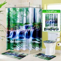 3d waterfall scenery waterproof shower curtain bathroom bath mat set pedestal rug lid toilet cover