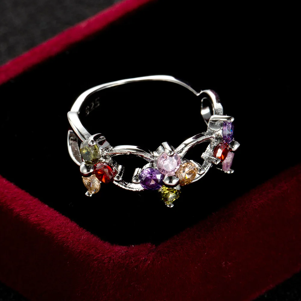 Top Quality Authentic Silver Color Plum Flower Ring Micro Pave Multicolor CZ Women Party Wedding Jewelry Gifts Wholesale | Украшения и