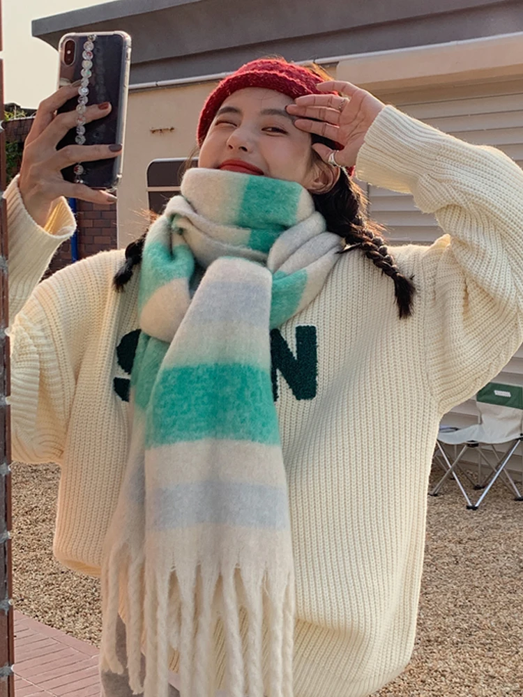 

Autumn and Winter 2020 Latest Korean All-Matching Thick Warm Rainbow Plaid Striped Tassel Shawl Scarf for Female Students