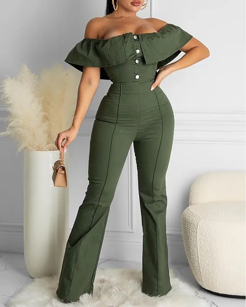 

Jumpsuit Women 2021 New Off Shoulder Ruffle Hem Buttoned Jumpsuit