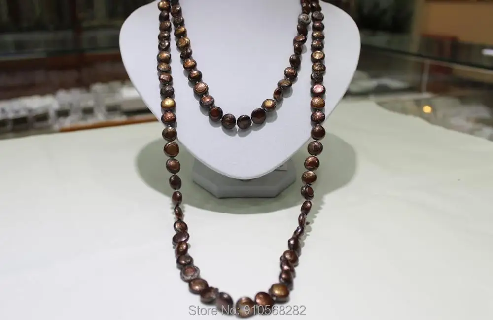 

Beautiful Brown Freshwater pearl necklace sweater Necklace Button shaped 9-10mm120cm