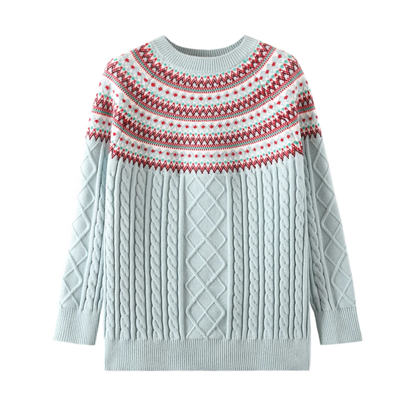 Женский жаккардовый свитер теплый плотный Свободный пуловер с круглым вырезом