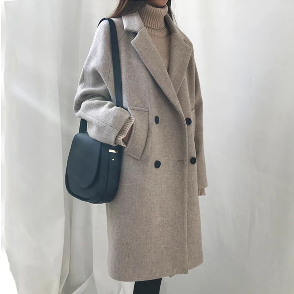 

Woolen Overcoat Autumn Winter Loose Casual Women's Korean Fashion Lapel Mid-length Woolen Jackets Solid Color Elegant Lady Coat